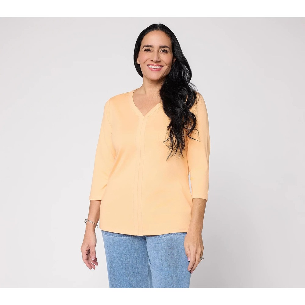 Denim & Co. Essentials Favorite Jersey 3/4 Sleeve V-Neck Top, Tiger, XXS #614T
